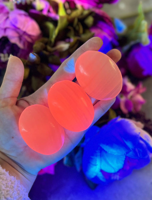 Pink Calcite Palm Stone (UV Fluorescent)